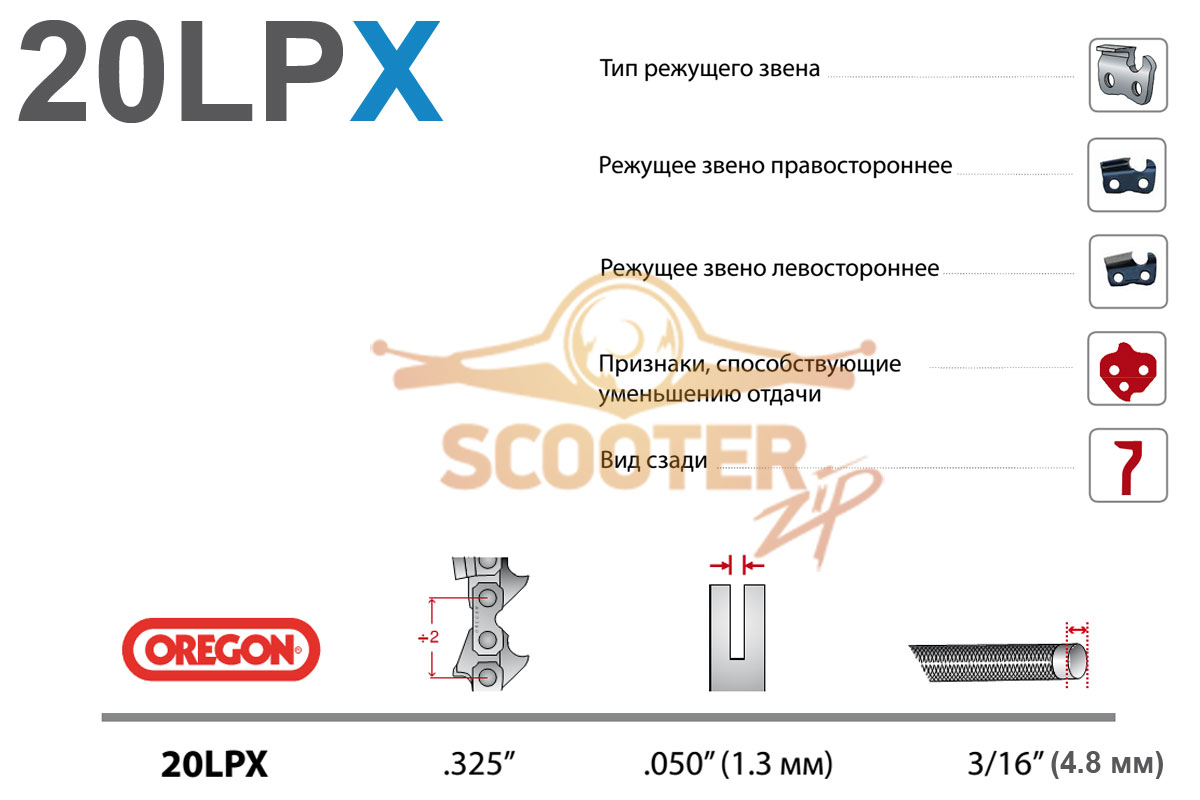 Цепь шаг 0,325'', посадка 1.3mm 72 звена 20LPX OREGON для бензопилы CHAMPION 250, 20LPX072E