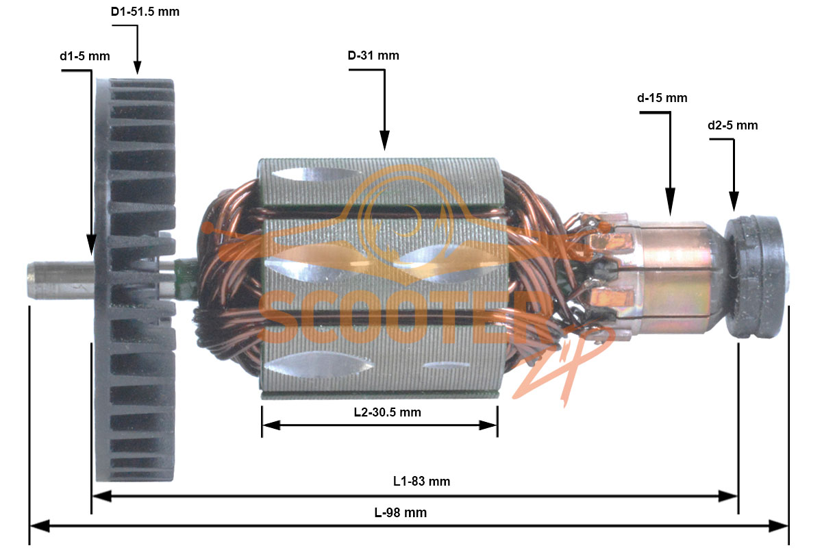 Ротор (Якорь) MAKITA для шлифмашины угловой BGA452, DGA452 (L-98 мм, D-31 мм), 619218-8