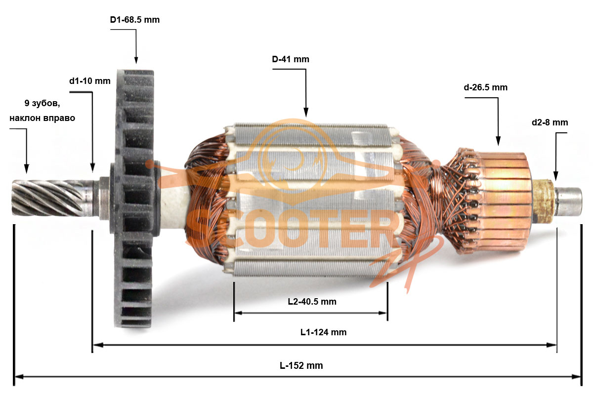Ротор (Якорь) (L-152 мм, D-41 мм, 9 зубов, наклон вправо) MAKITA 5604R аналог 510044-7, 889-0409