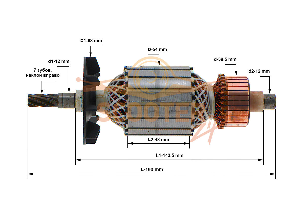 Ротор (Якорь) (L-190 мм, D-54 мм, 7 зубов, наклон вправо) REBIR IE-5107 аналог IE-5107H.01.01.00-01-K, 889-0041