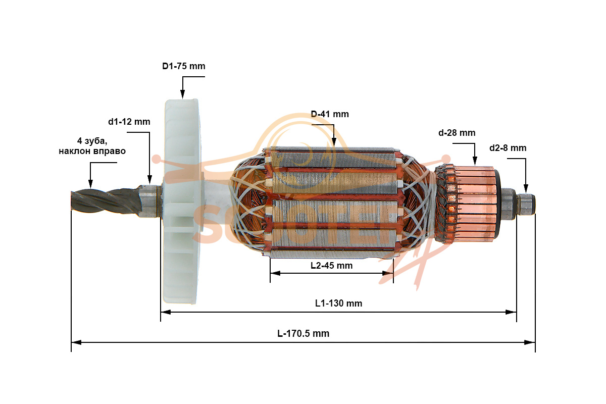 Ротор (якорь) (L-170.5 мм, D-41 мм, 4 зуба, наклон вправо) для перфоратора Фиолент П7-1500Э, 9403292И