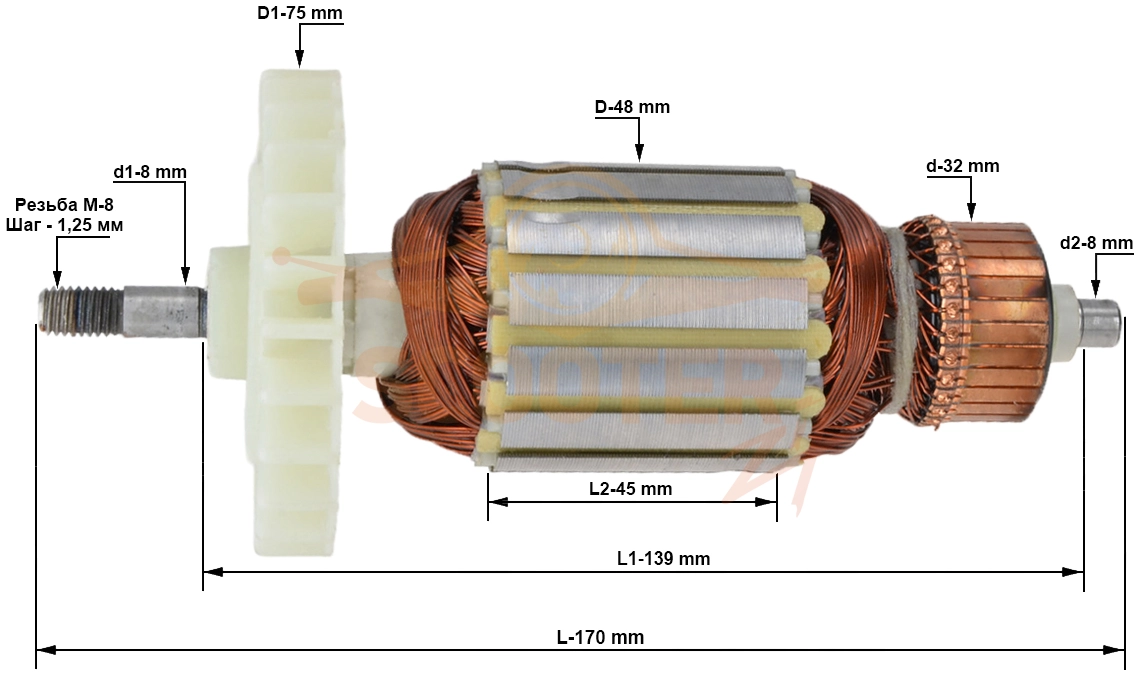 Ротор (Якорь) (L-170 мм, D-45 мм, резьба М8 (шаг 1,25 мм)) P.I.T. (PIT) PEP006L-C2