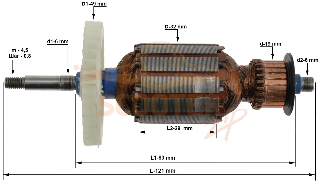 Ротор (Якорь) (L-126 мм, D-38.5 мм, вал усеченный круг 5 мм) для станка P.I.T. PCSS1002-C