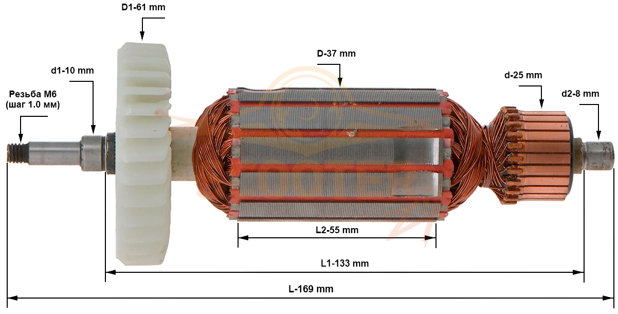 Ротор (Якорь) (L-169 мм, D-37 мм, резьба М6 (шаг 1.0 мм)) P.I.T. (PIT) PWG125-С