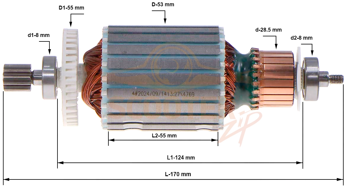 Ротор (Якорь) (L-170 мм, D-53 мм) HUTER M165-PW (QL) (S/N YLV~), W165-ARV (S/N YLV~)