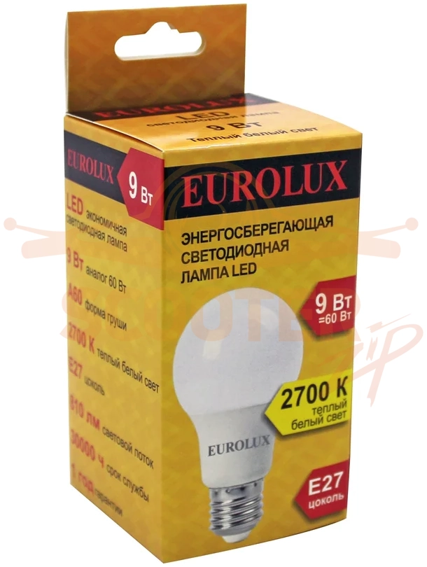Лампа светодиодная LL-E-A60-9W-230-2,7K-E27 (груша, 9Вт, тепл., Е27) Eurolux