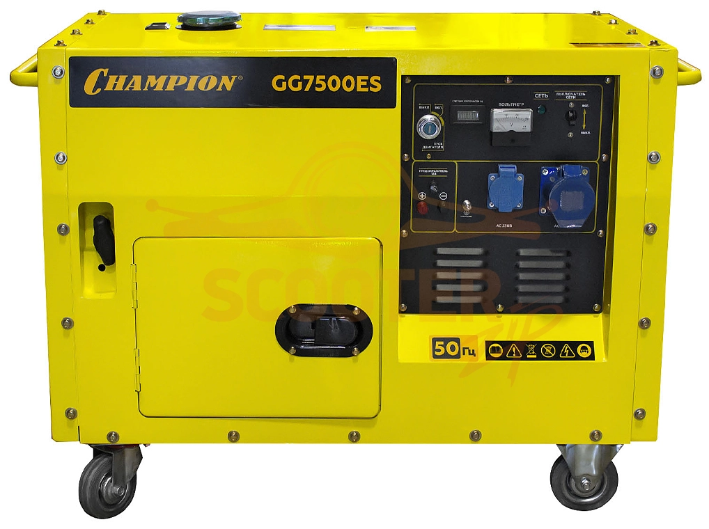 Генератор CHAMPION GG7500ES (5,5/6кВт 16лс 15л 12В 126кг, эл.стартер,счетчик,колеса,кожух)