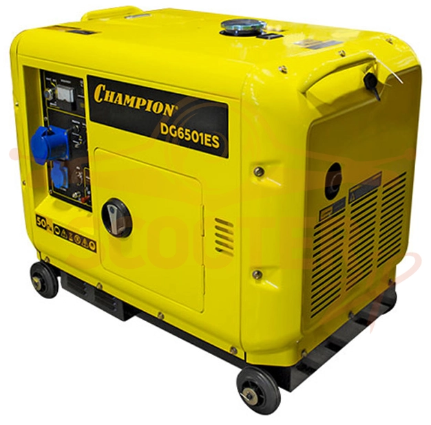 Генератор дизельный CHAMPION DG6501ES+ATS (5/5,5кВт 8,9лс 16л 12V 160кг эл.стартер,колеса,счетчик,кожух)