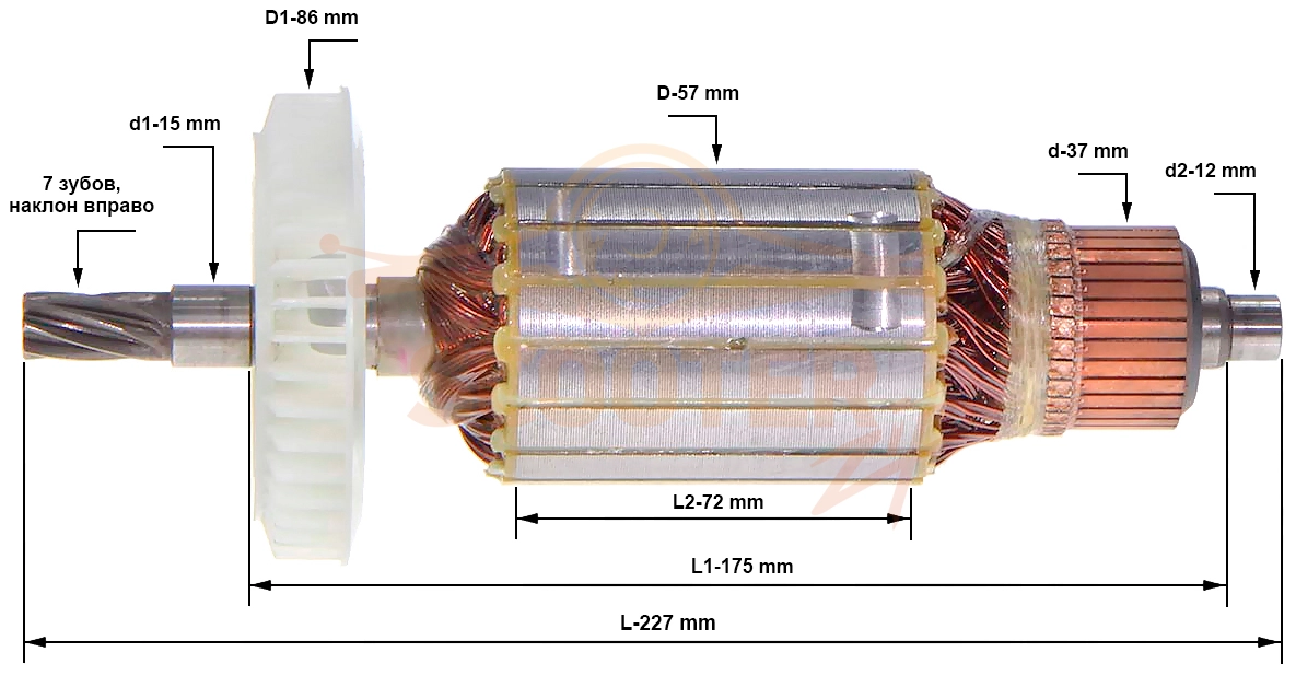 Ротор (Якорь) (L-227 мм, D-57 мм, 7 зубов, наклон вправо) ELITECH HD CDM 4926E (E2010.002.00)