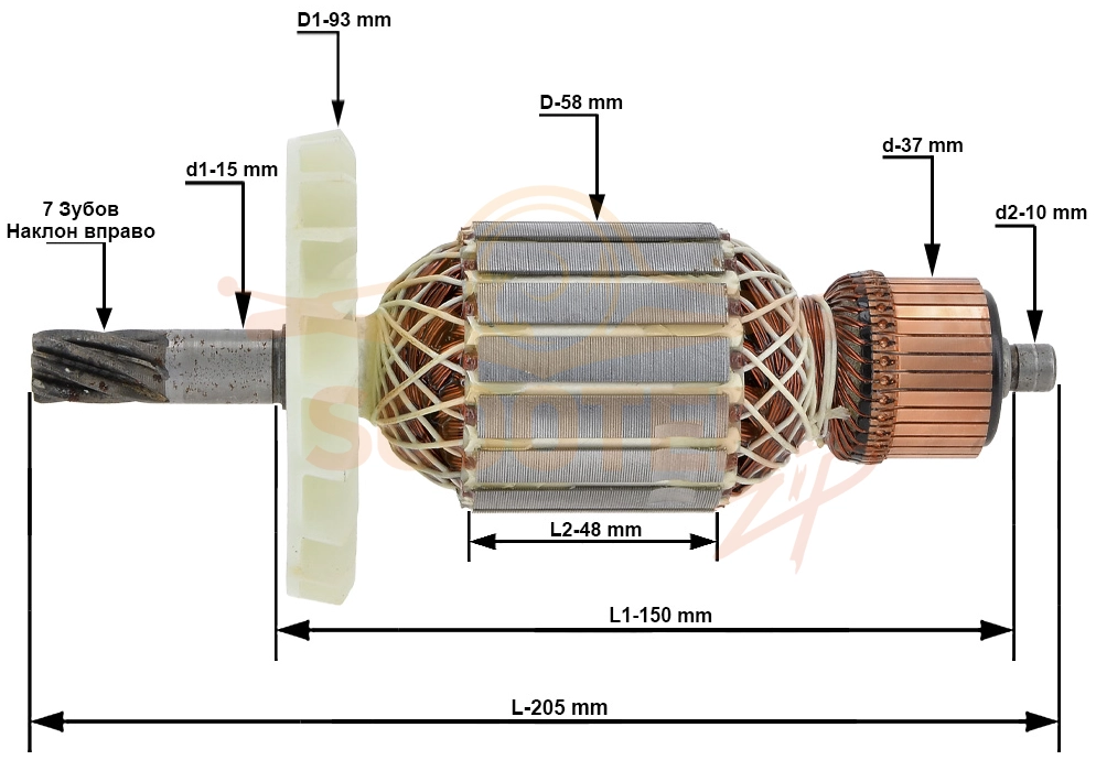 Ротор (Якорь) (L-205 мм, D-58 мм, 7 зубов, наклон вправа) P.I.T. (PIT) GSH90-C1 PRO