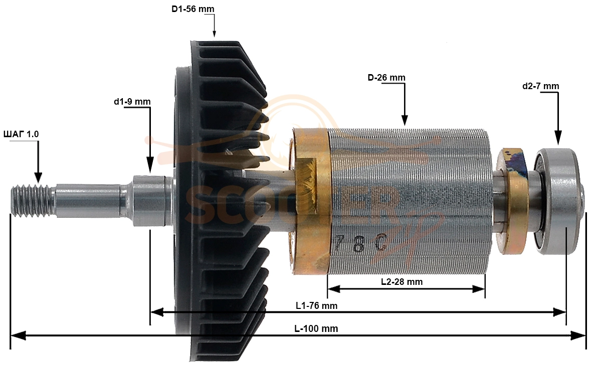 Ротор (Якорь) (L-100 мм, D-26 мм, (шаг 1.0 мм)) для болгарки (УШМ) MAKITA DGA511