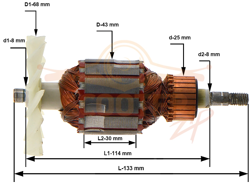 Ротор (Якорь) (L-133 мм, D-43 мм) для машины шлифовальной ленточной ELITECH МШЛ 875Э (E2213.027.00)