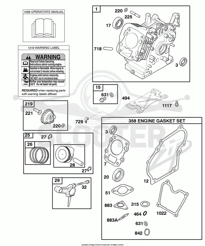 Cylinder, Gasket Set - Engine, Operators Manual, Piston, Rings, Connecting Rod, Warning Label