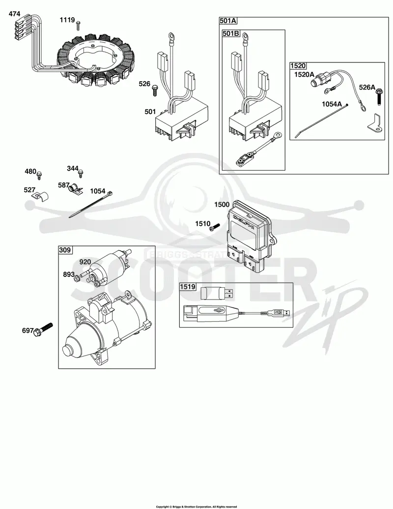 Electric Starter, Alternator, Regulator, ECM