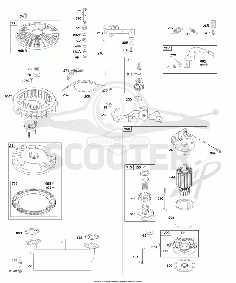 Controls, Electric Starter, Exhaust System, Flywheel, Governor Spring