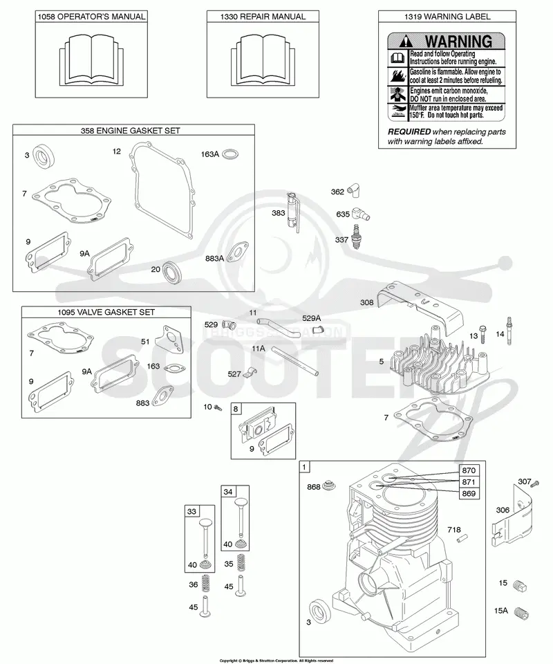 Camshaft, Cylinder, Cylinder Head, Gasket Sets, Operators Manual, Repair Manual, Warning Label