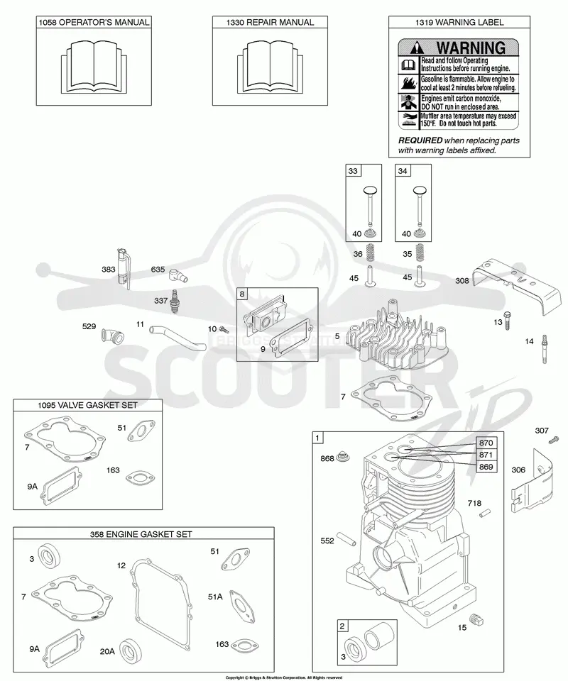 Cylinder, Cylinder Head, Gasket Set - Engine, Gasket Set - Valve, Operators Manual, Warning Label