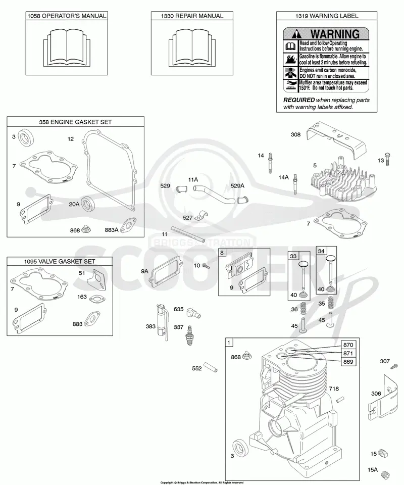 Cylinder, Cylinder Head, Gasket Sets, Operators Manual, Repair Manual, Warning Label