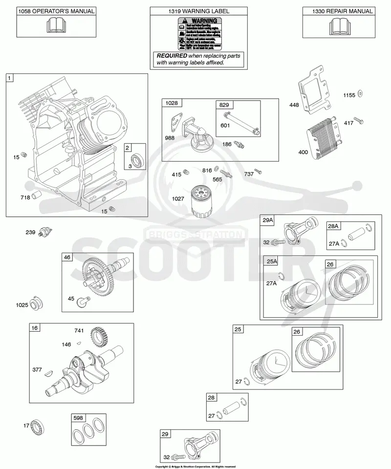 Connecting Rod, Piston/Rings, Cylinder, Crankshaft, Camshaft, Lubrication