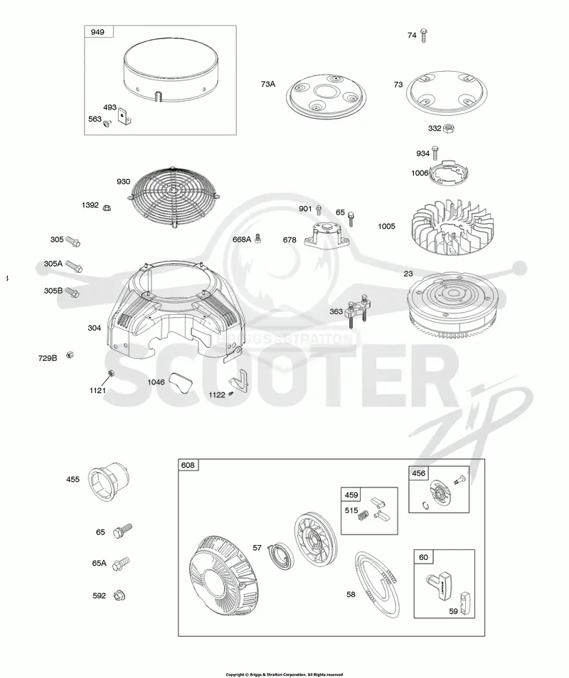 Blower Housing, Flywheel, Rewind Starter