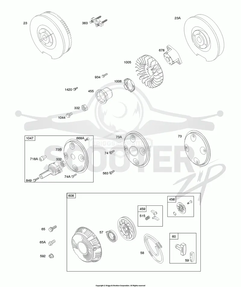 Flywheel, Rotating Screens, Rewind Starter