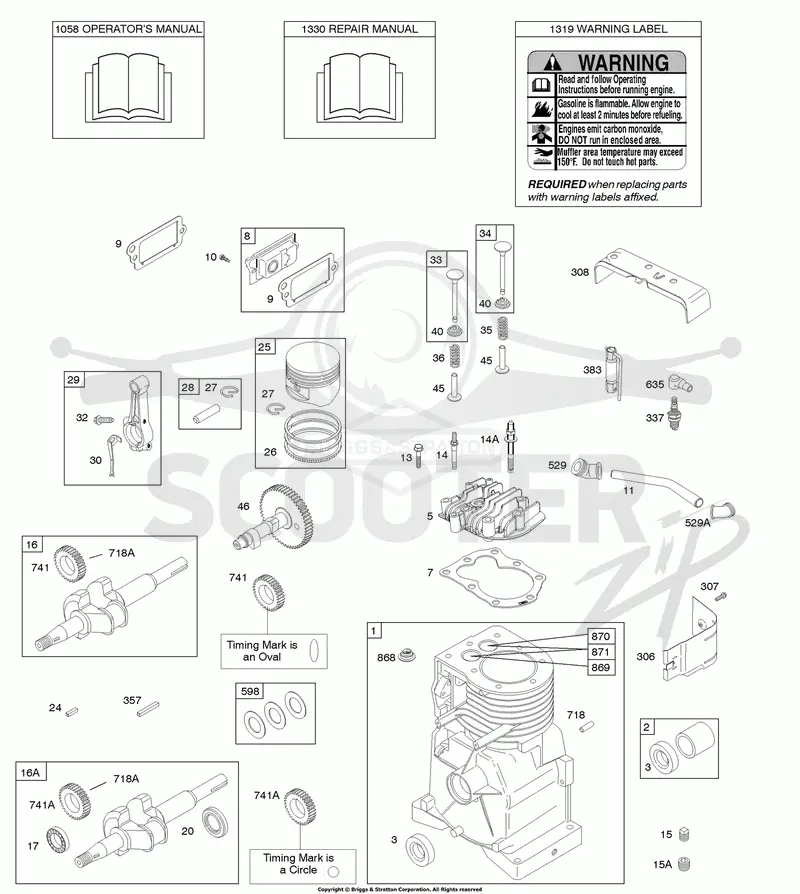 Camshaft, Crankshaft, Cylinder, Cylinder Head, Operators Manual, Piston/Rings/Connecting Rod, Warning Label