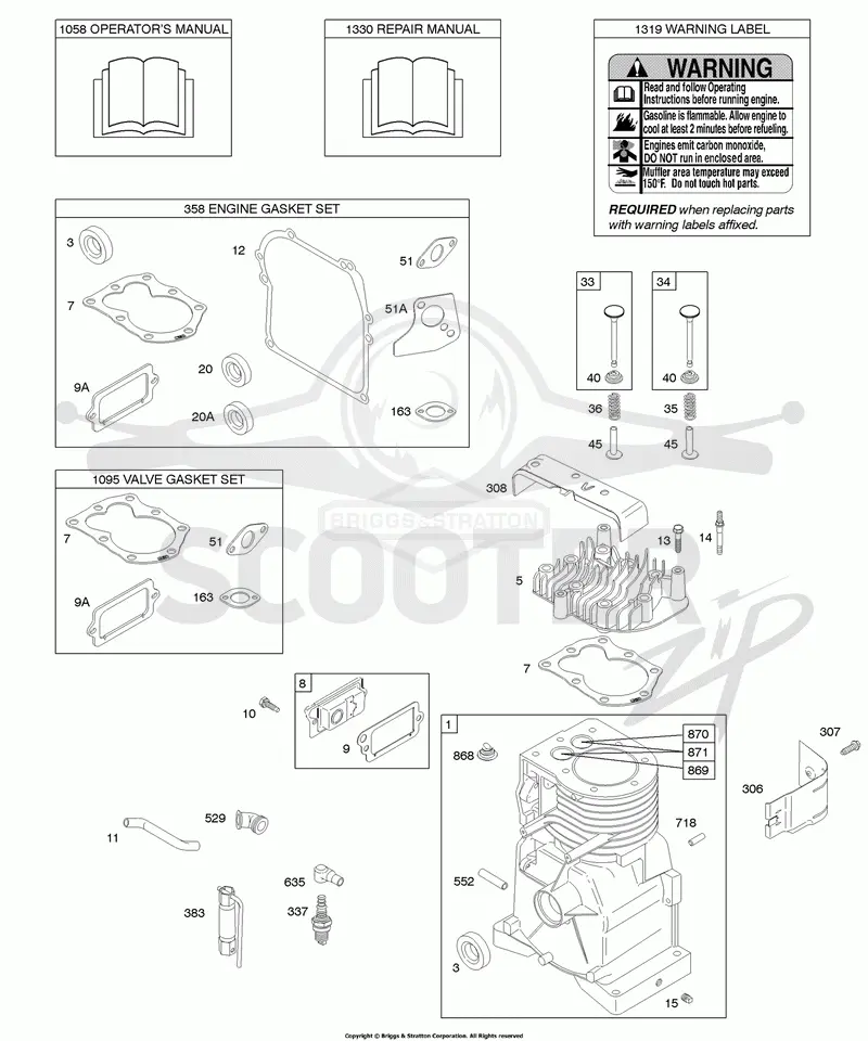 Cylinder, Cylinder Head, Gasket Set - Engine, Gasket Set - Valve, Operators Manual, Warning Label
