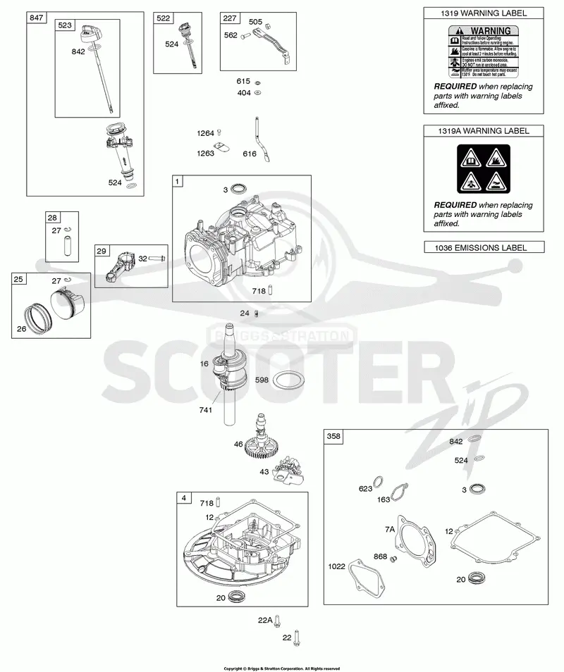 Camshaft, Crankshaft, Cylinder, Gasket Set, Piston/Rings/Connecting Rod, Sump, Warning Label