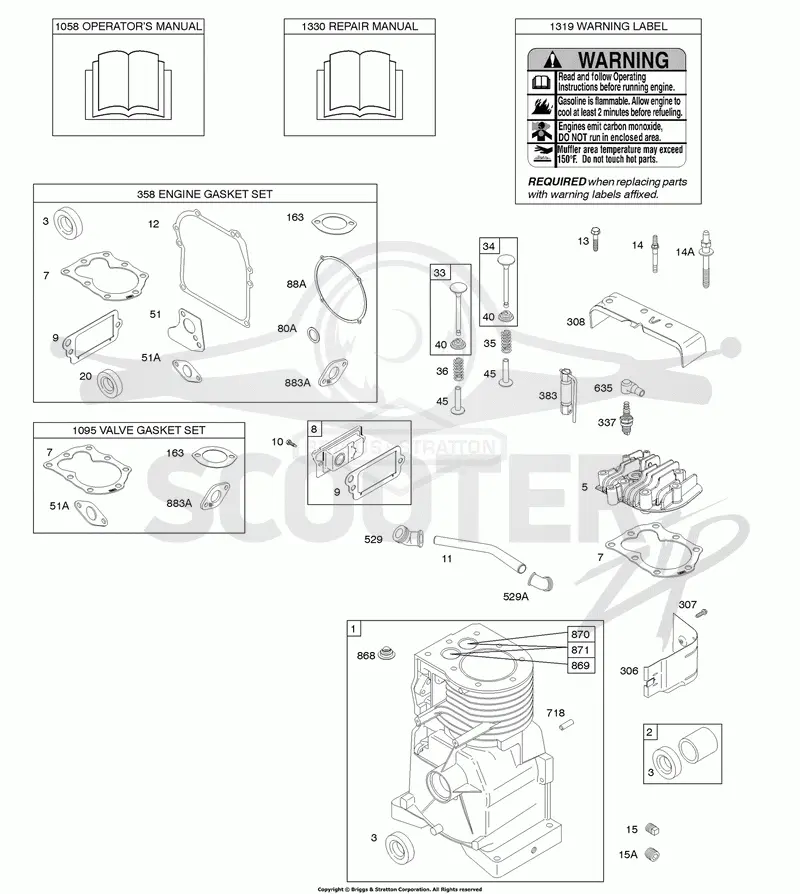 Cylinder, Cylinder Head, Gasket Set - Engine, Gasket Set - Valve, Operators Manual, Warning Label