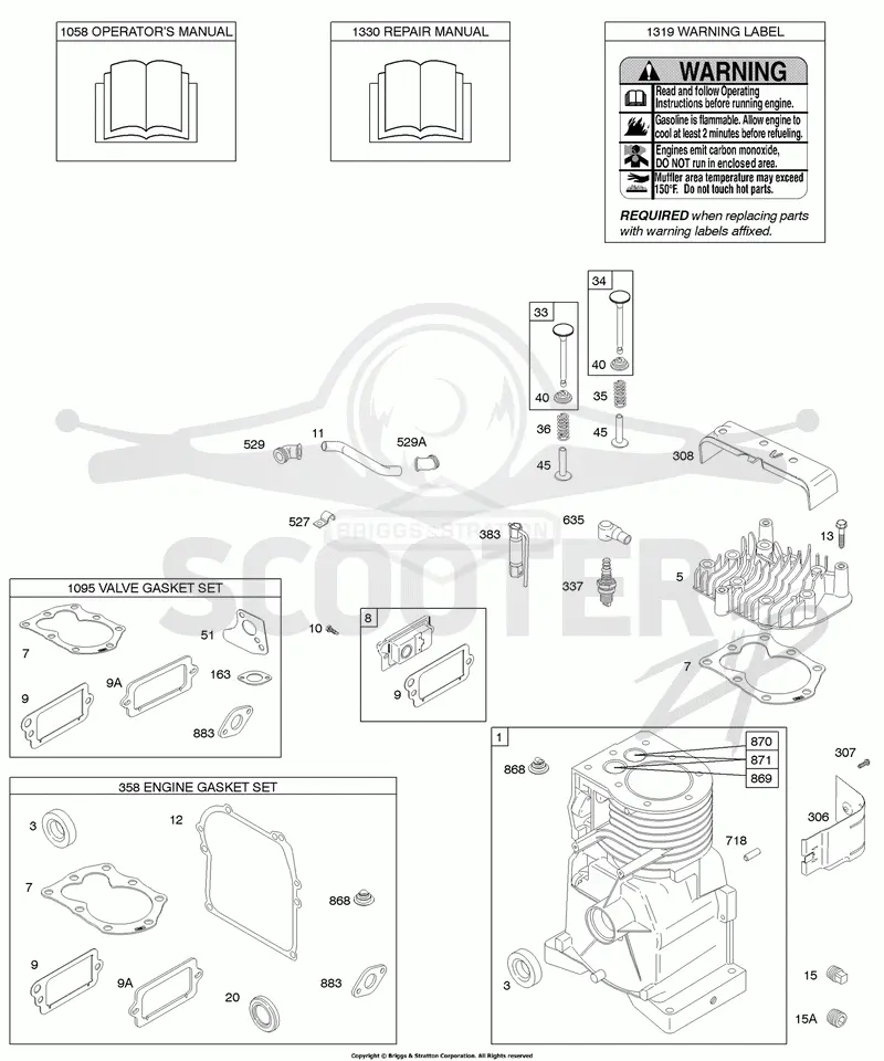 Cylinder, Cylinder Head, Gasket Sets, Operators Manual, Repair Manual, Warning Label