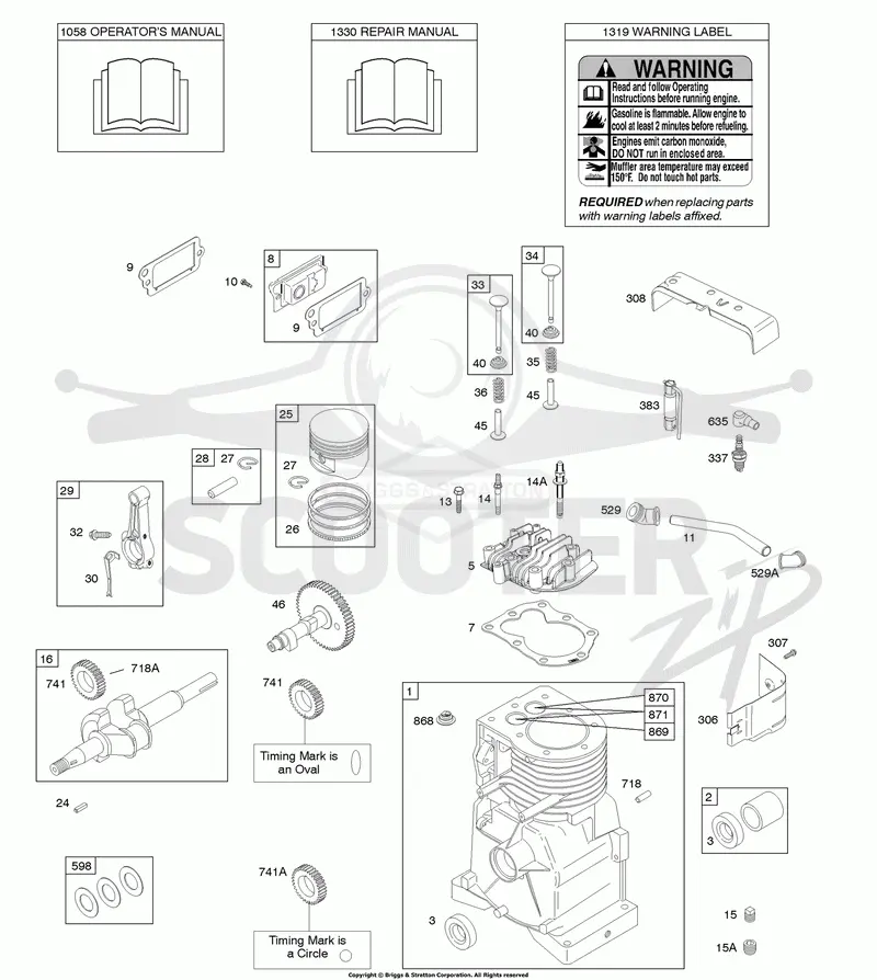 Camshaft, Crankshaft, Cylinder, Cylinder Head, Operators Manual, Piston/Rings/Connecting Rod, Warning Label