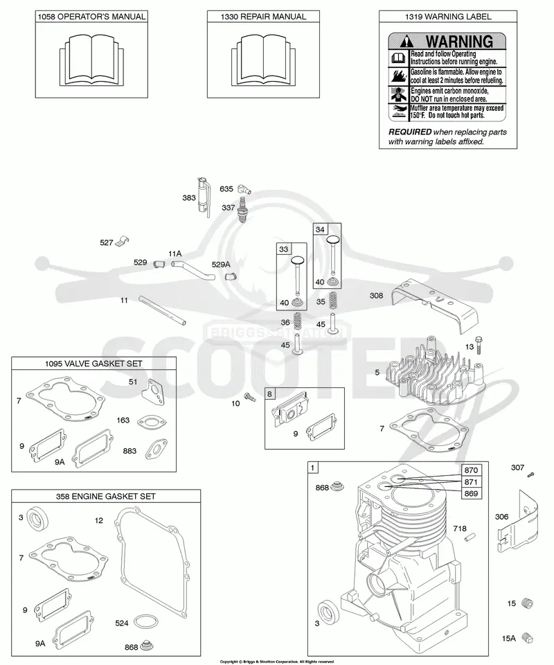 Cylinder, Cylinder Head, Gasket Set - Engine, Gasket Set - Valve, Operators Manual, Warning Label