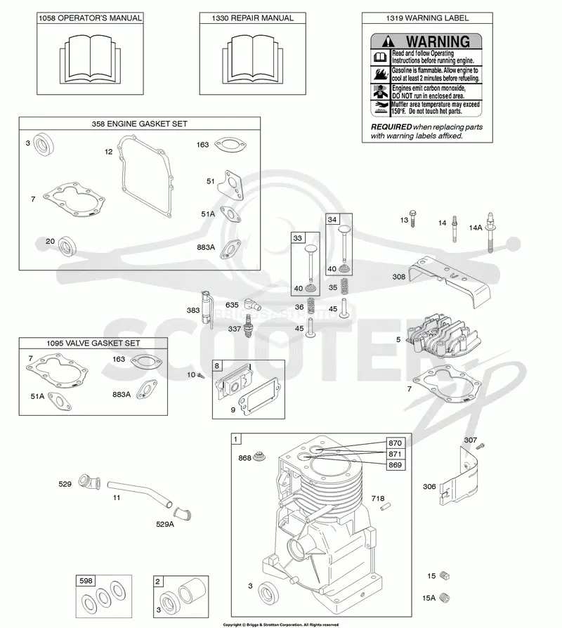 Cylinder, Cylinder Head, Gasket Set - Engine, Gasket Set - Valve, Operators Manual, Warning Label