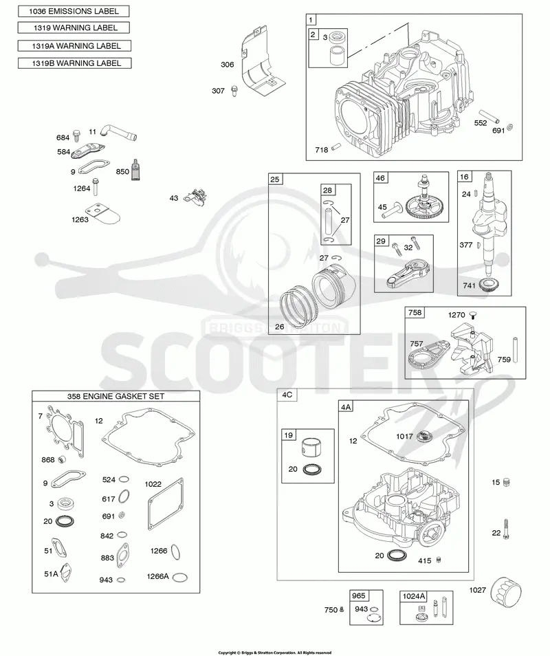 Camshaft, Crankshaft, Cylinder, Engine Sump, Gasket Set-Engine, Lubrication, Piston, Rings, and Connecting Rod, Warning Label
