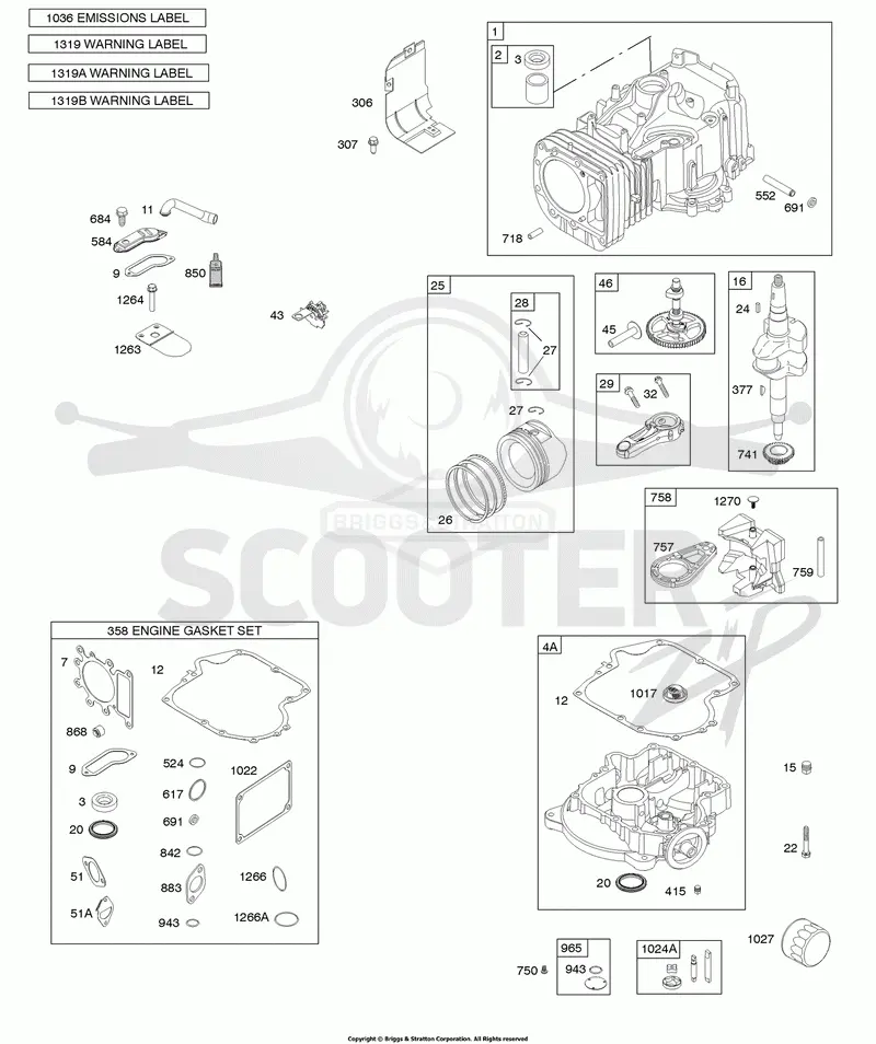 Camshaft, Crankshaft, Cylinder, Engine Sump, Gasket Set-Engine, Lubrication, Piston, Rings, and Connecting Rod, Warning Label