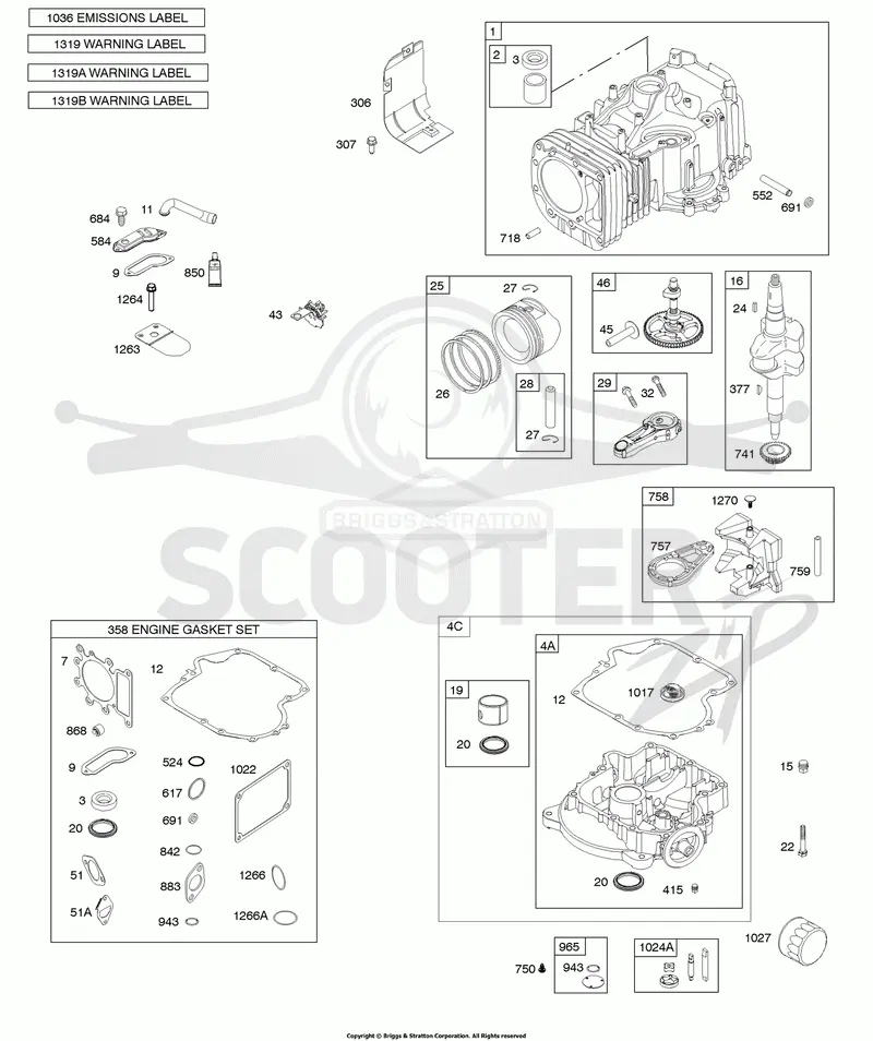 Camshaft, Crankshaft, Cylinder, Engine Sump, Gasket Set-Engine, Lubrication, Piston, Rings, and Connecting Rod, Warning Label