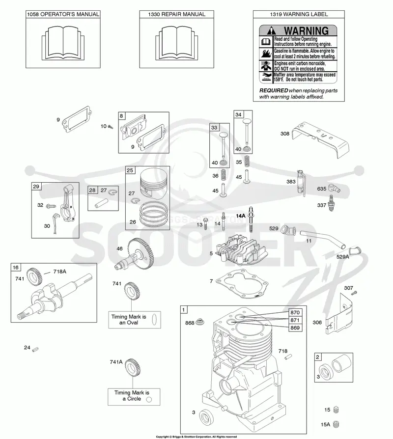 Camshaft, Crankshaft, Cylinder, Cylinder Head, Operators Manual, Piston/Rings/Connecting Rod, Warning Label
