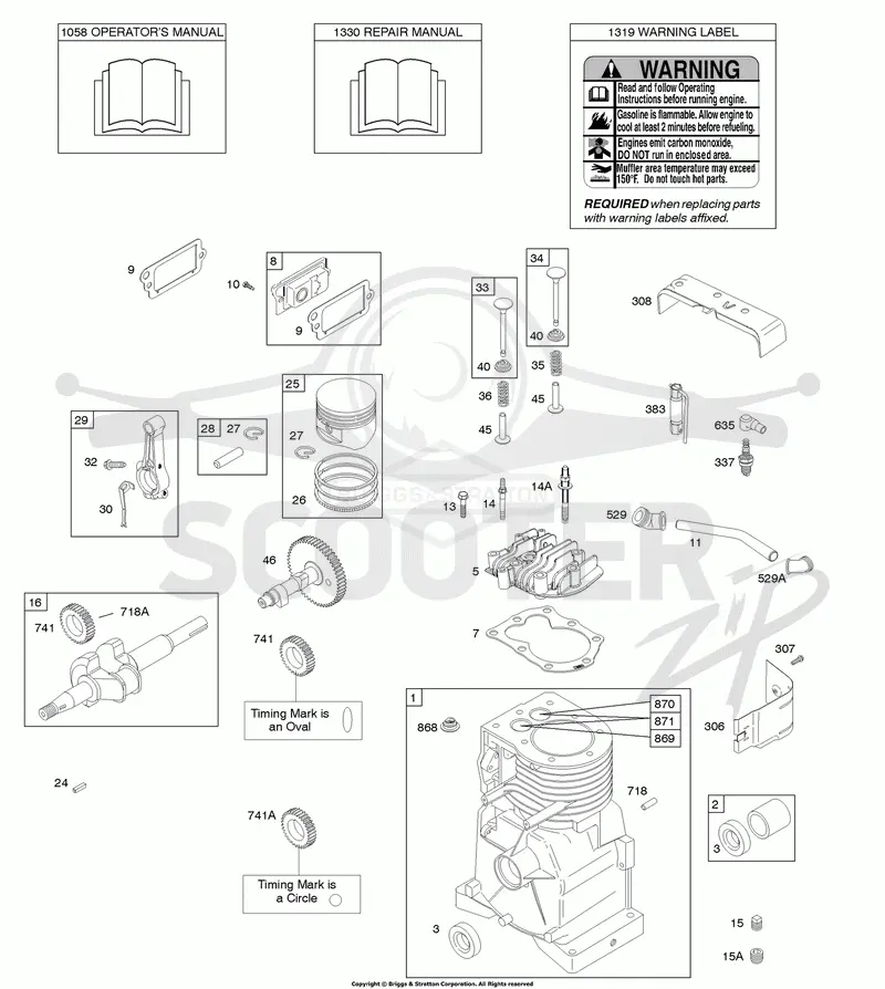 Camshaft, Crankshaft, Cylinder, Cylinder Head, Operators Manual, Piston/Rings/Connecting Rod, Warning Label