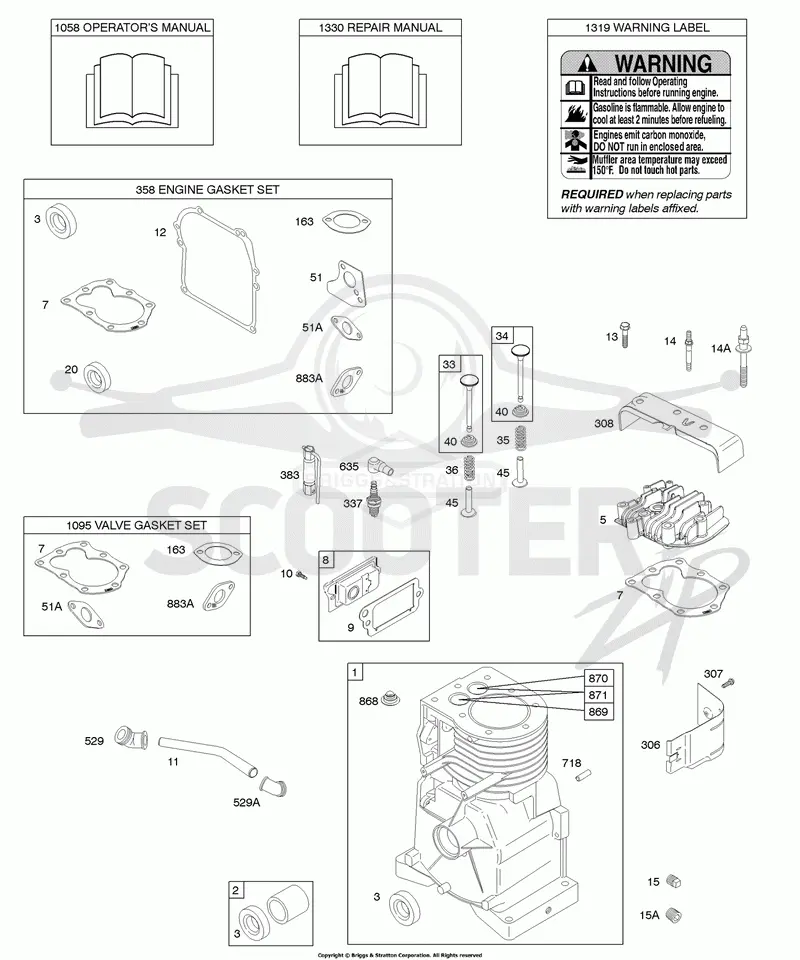 Cylinder, Cylinder Head, Gasket Set - Engine, Gasket Set - Valve, Operators Manual, Warning Label