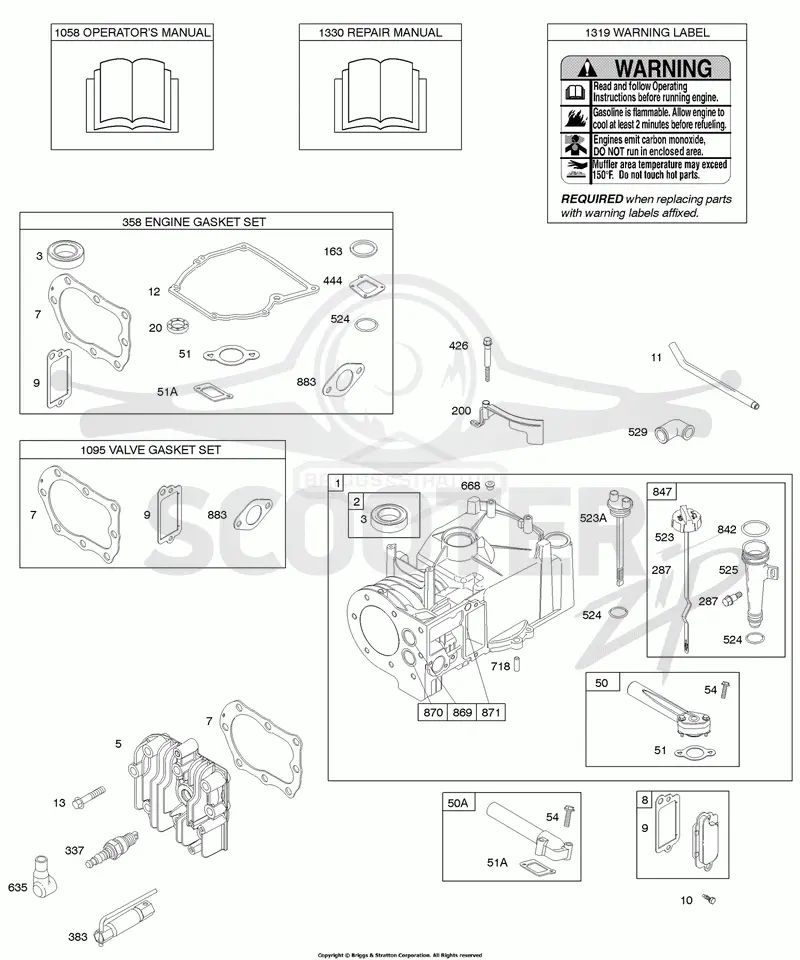 Cylinder, Cylinder Head, Gasket Set - Engine, Gasket Set - Valve, Lubrication, Operators Manual, Warning Label