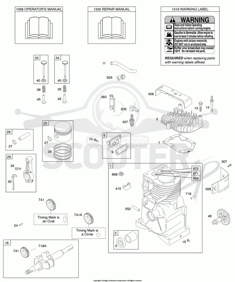 Camshaft, Crankshaft, Cylinder, Cylinder Head, Operators Manual, Warning Label, Piston/Rings/Connecting Rod