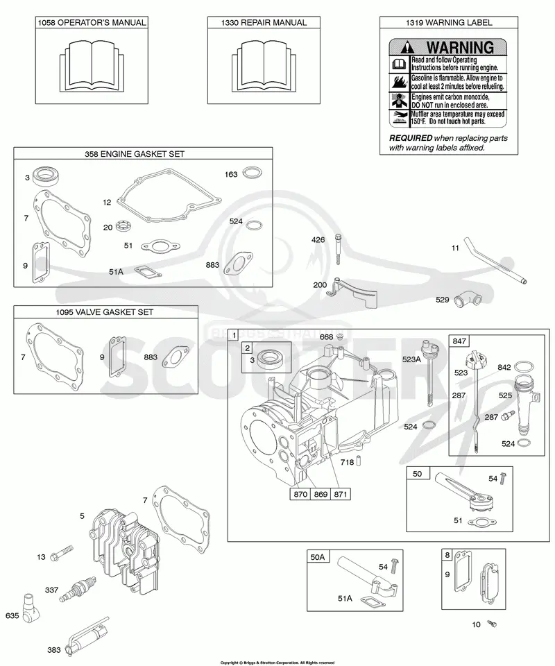 Cylinder, Cylinder Head, Gasket Set - Engine, Gasket Set - Valve, Lubrication, Operators Manual, Warning Label