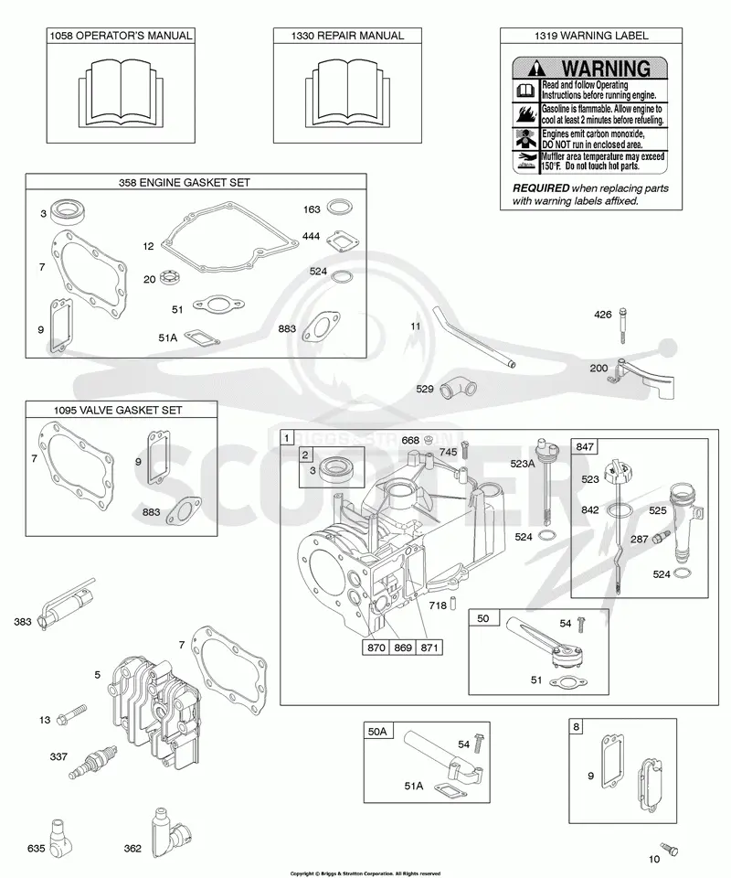 Cylinder, Cylinder Head, Gasket Set - Engine, Gasket Set - Valve, Lubrication, Operators Manual, Warning Label