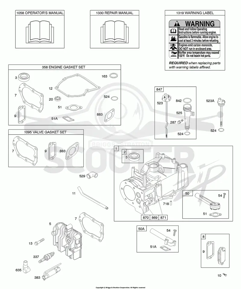 Cylinder, Cylinder Head, Gasket Set - Engine, Gasket Set - Valve, Lubrication, Operators Manual, Warning Label