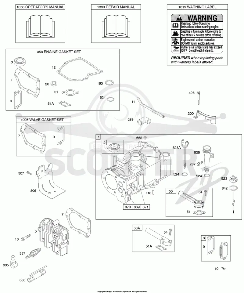 Cylinder, Cylinder Head, Gasket Set - Engine, Gasket Set - Valve, Lubrication, Operators Manual, Warning Label