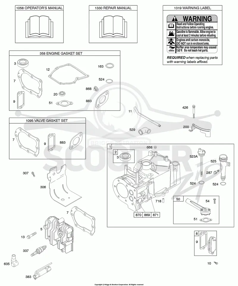 Cylinder, Cylinder Head, Gasket Set - Engine, Gasket Set - Valve, Lubrication, Operators Manual, Warning Label
