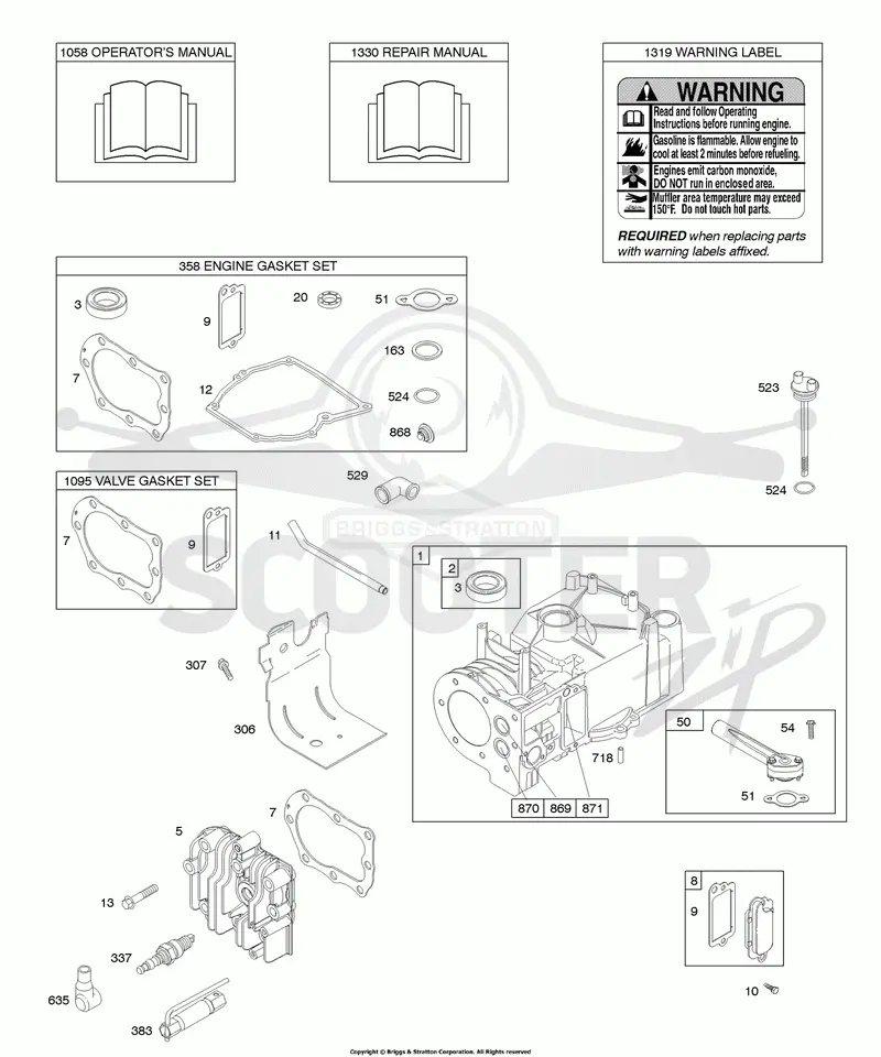 Cylinder, Cylinder Head, Gasket Set - Engine, Gasket Set - Valve, Lubrication, Operators Manual, Warning Label