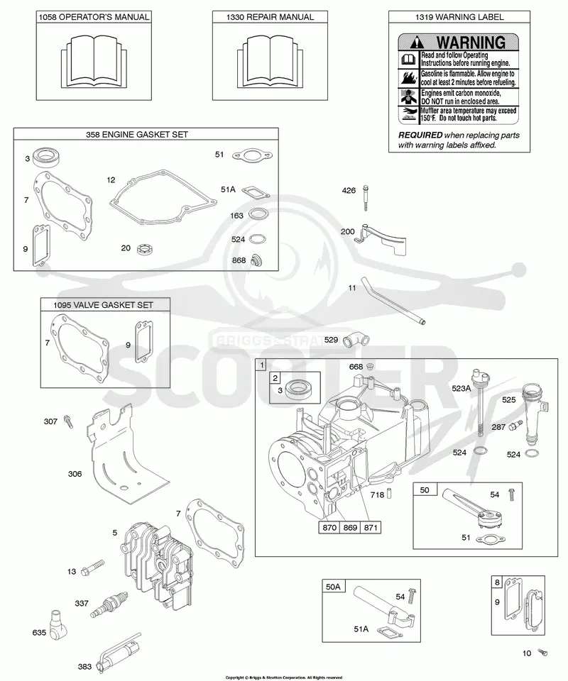 Cylinder, Cylinder Head, Gasket Set - Engine, Gasket Set - Valve, Lubrication, Operators Manual, Warning Label