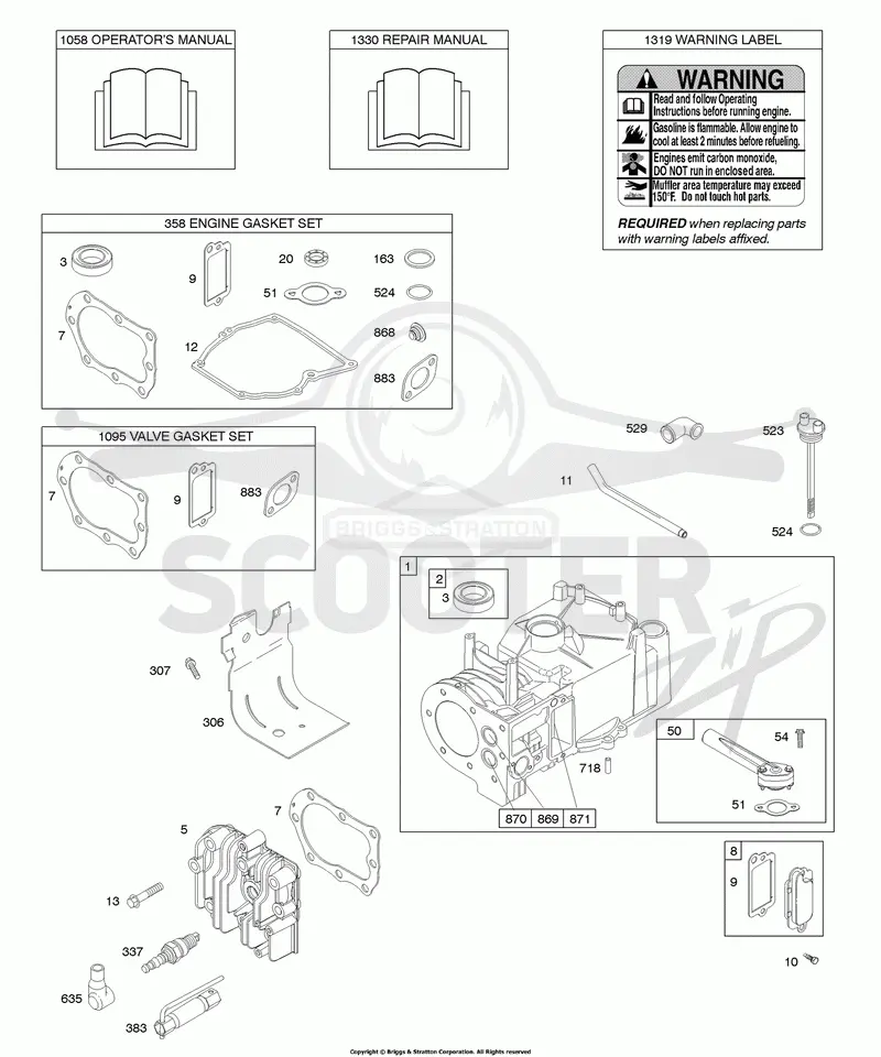 Cylinder, Cylinder Head, Gasket Set - Engine, Gasket Set - Valve, Lubrication, Operators Manual, Warning Label