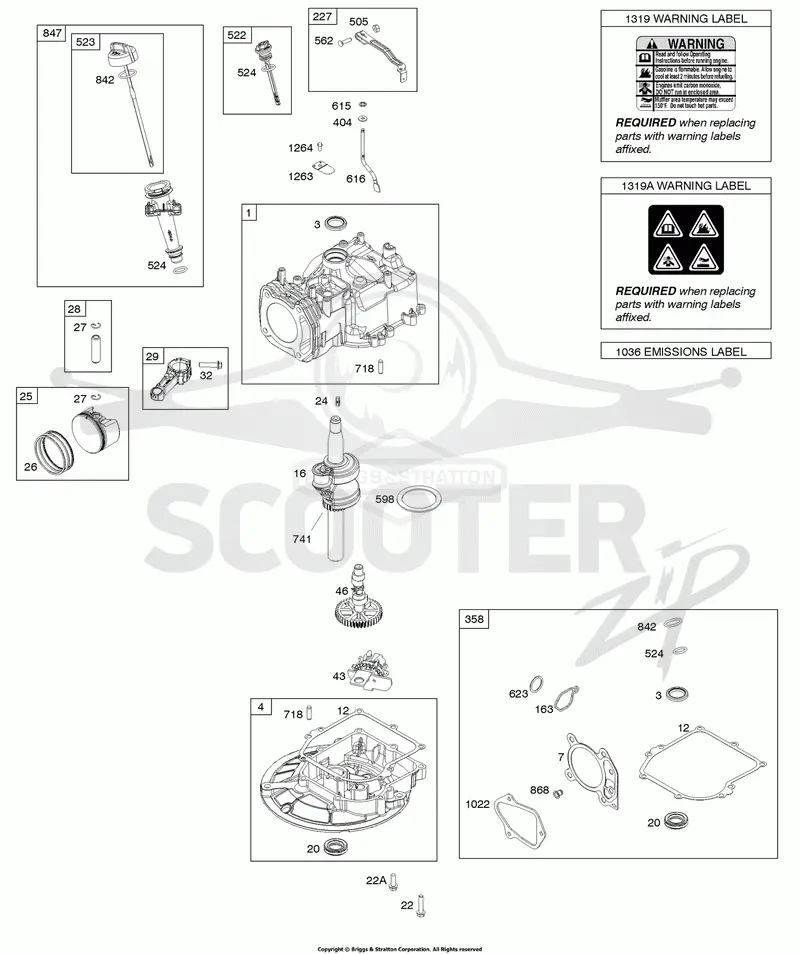 Camshaft, Crankshaft, Cylinder, Piston/Rings/Connecting Rod, Sump, Warning Label